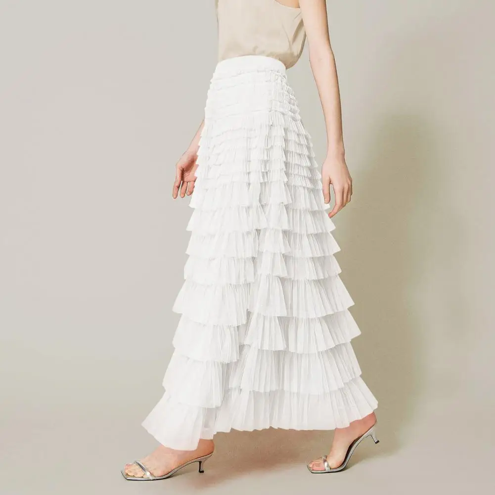 Skirt Elegant Multi-layer A-line Skirt with Elastic High Waist Solid Color Long Skirt for Women Gauze Mesh Splicing Cake Solid