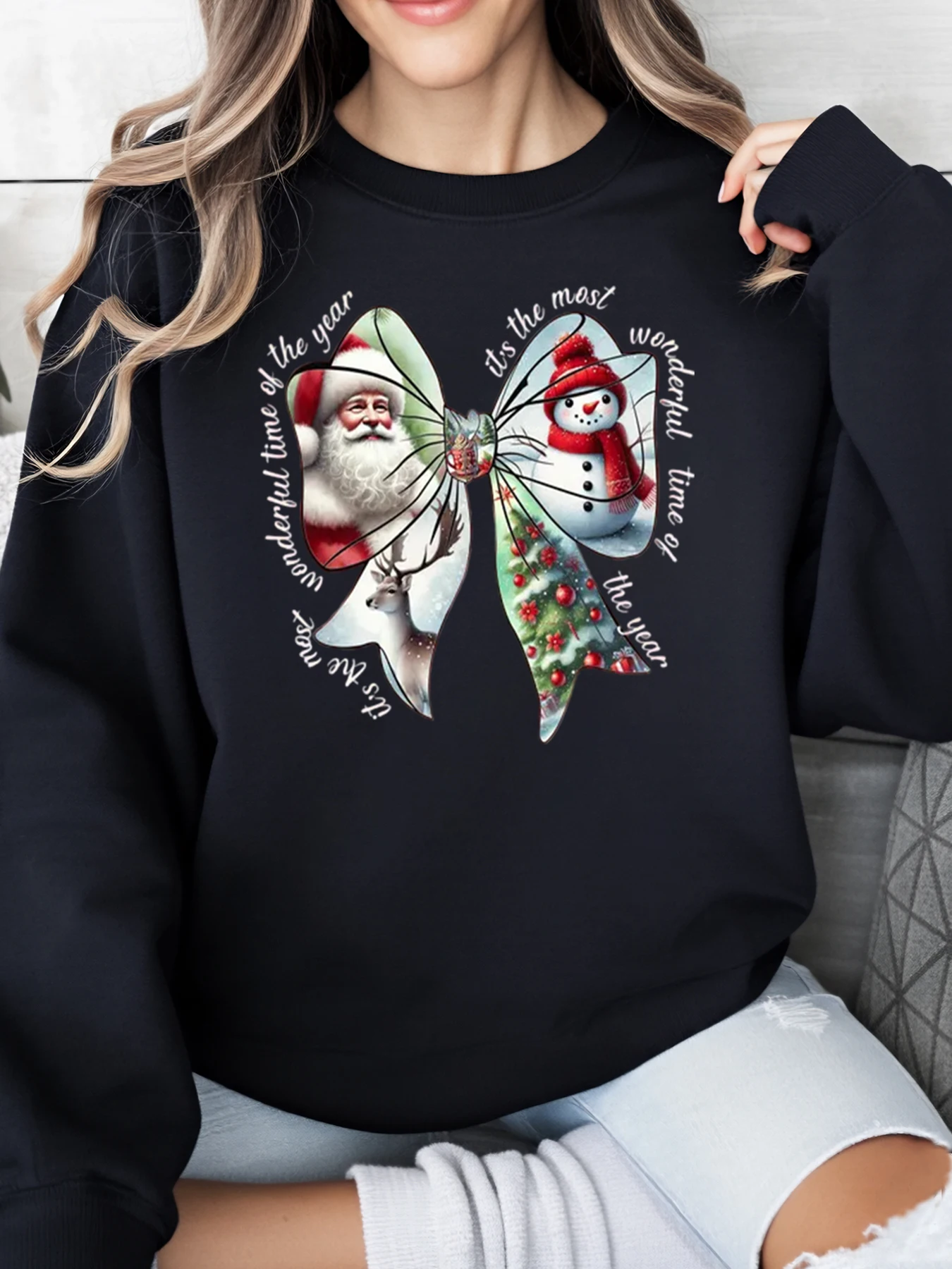 

Рождественский свитшот с принтом Санта-Клауса и снеговика, женская повседневная праздничная одежда, черный, больших размеров