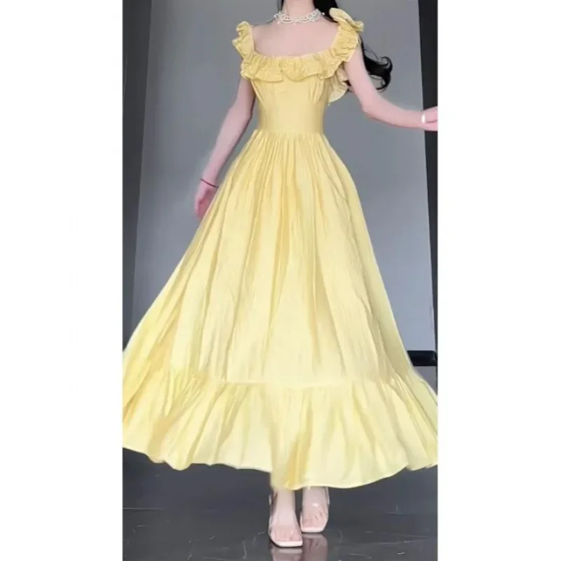 Elegant Birthday Yellow Off-shoulder Dress For Women New Summer Style Chic Gown Pleated Skirt Sleeveless Top