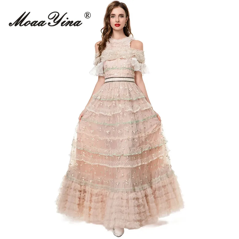 MoaaYina malha bordada meia manga em camadas babado borda de renda manga curta vestido de festa S-4XL 2025 primavera/verão