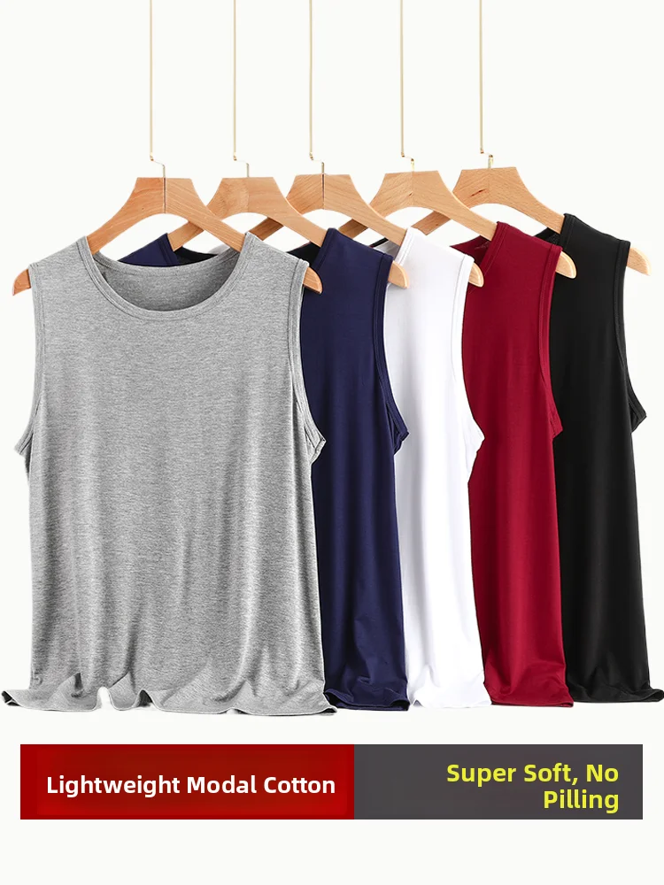 Large Size Men's Thin Modal Tank Top Summer Loose round Neck Sleeveless Crossbar Sweatshirt Versatile Outerwear for Men