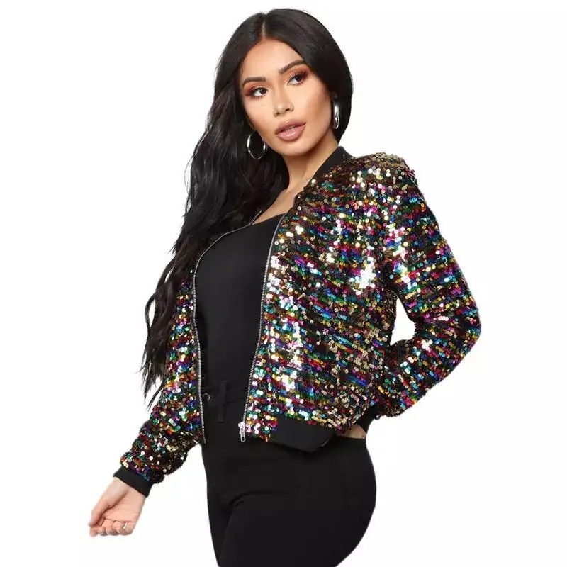 2022 Women Bomber Gradient Color Sequins Baseball Jacket Beaded Embroidered Sequined Zipper Pilot Coat Stage Show Dance Outwear