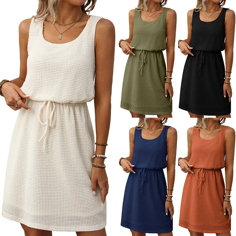 

Europe America 2025 Summer New Square Neck Drawstring Sleeveless Vest Dress with Lining