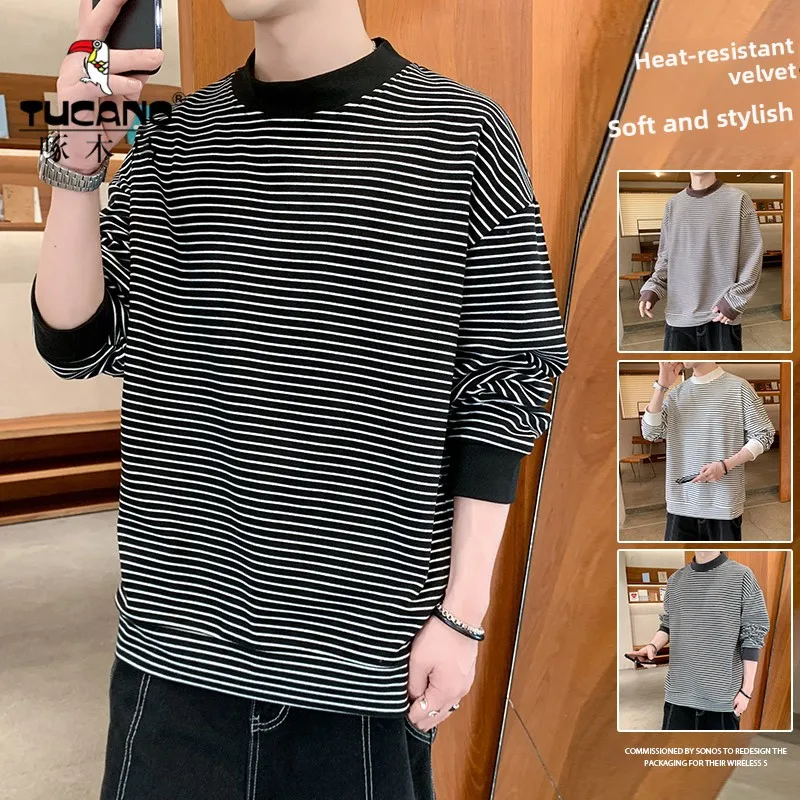 

Thiened Fce Hoodie Men's Casual Stripe Sweatirt f High Collar Autumn Winter Warmth Street Sle Youth Brand Top