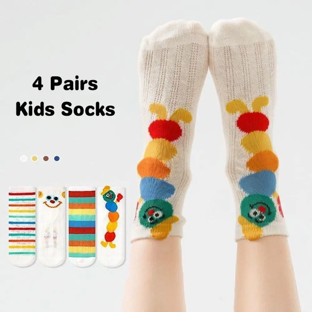 

4 Pairs Cute Ultra-Thin Kids Crew Socks Mesh Breathable Cotton Socks Korean Style Rainbow Mid-Calf Socks for Boys Girls