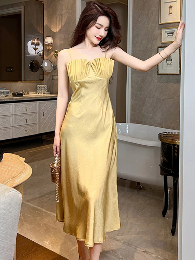 Satin Elegant WomenDress Chic Sparkly Gold Camisole Backless Maxi Party Gown High Quality Robe Femme Vestidos Sexy Mujer Summer