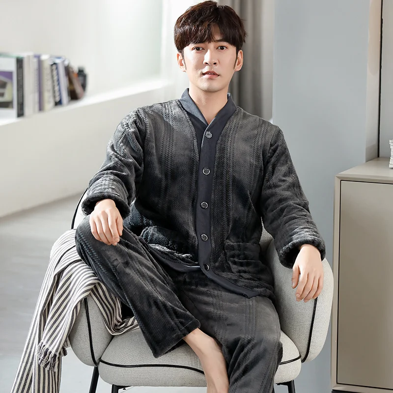Men's Flannel Winter Thick Nightgown Long Sleeve + Pants Pijama Set Warm Sleepwear Loose and casual autumn home clothes Pyjamas