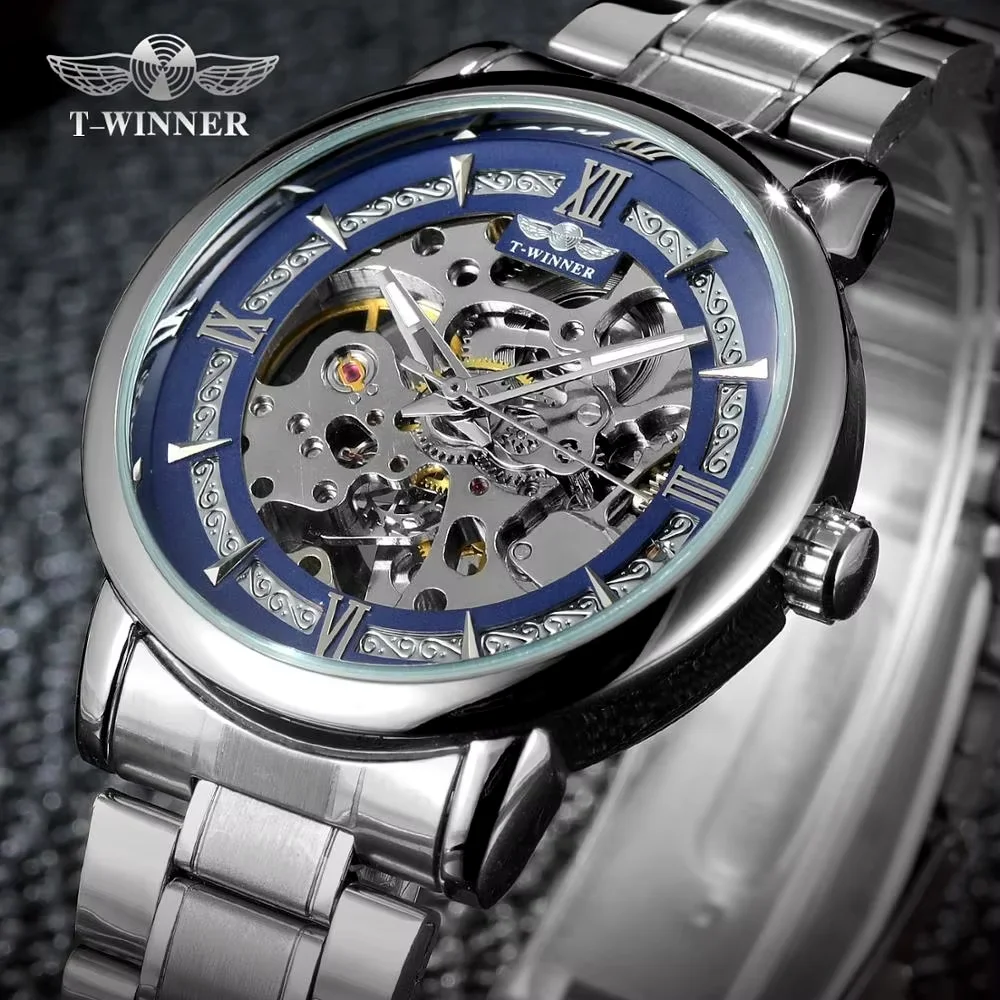 

Победитель модные повседневные мужские механические наручные часы с синим циферблатом и серебряным стальным ремнем