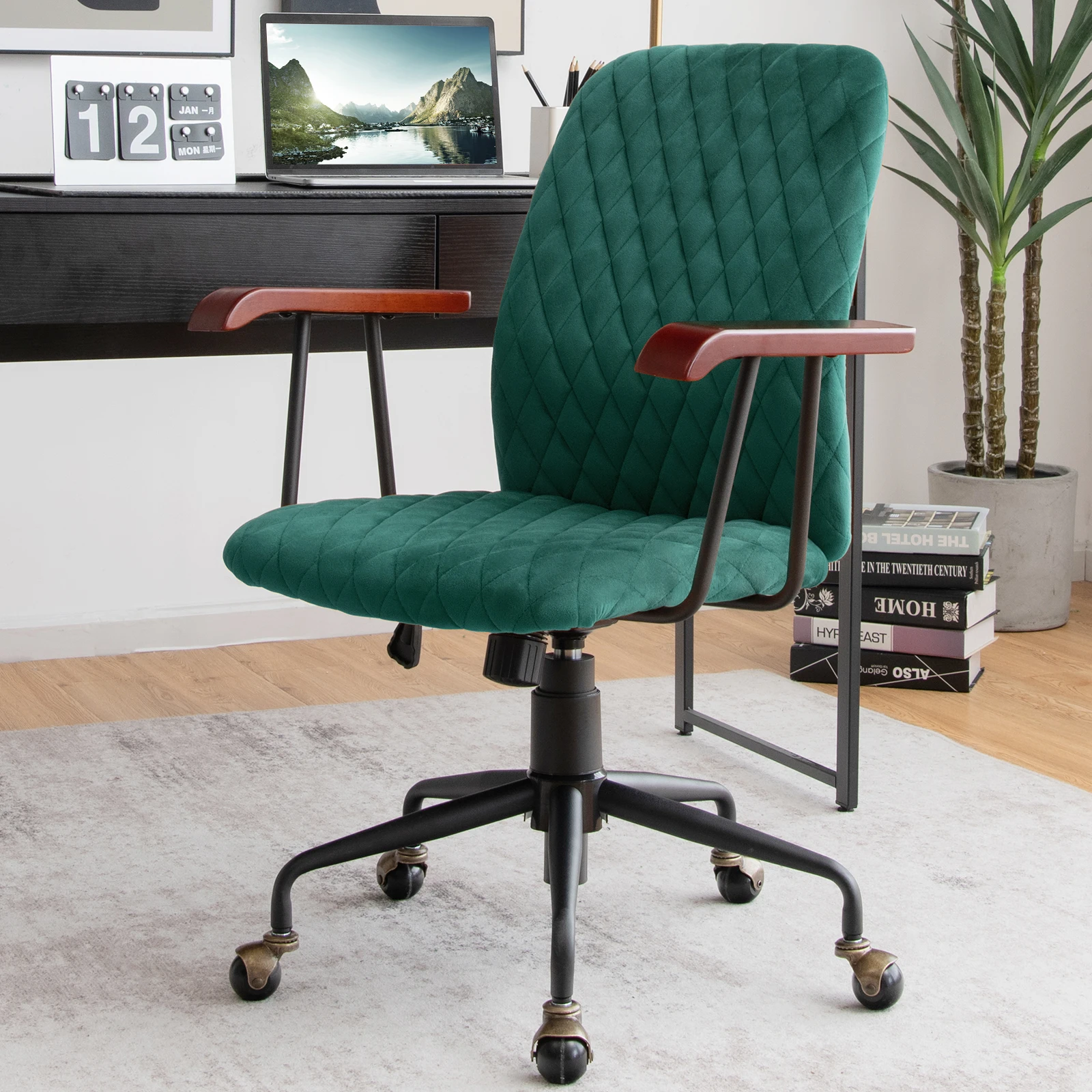 Velvet Home Office cadeira giratória com braço de madeira, cadeira ajustável, verde