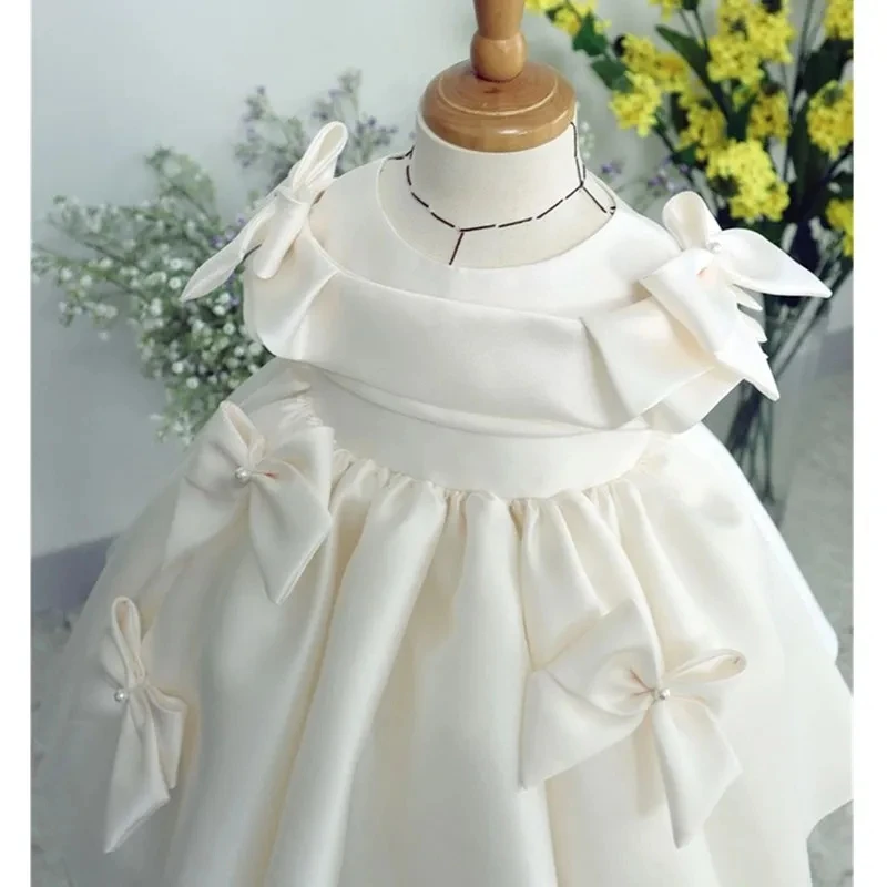 Vestidos de princesa de Color liso para niños, ropa de verano de lujo con lazo de Boda sin mangas, vestido de noche de cumpleaños para niñas blancas