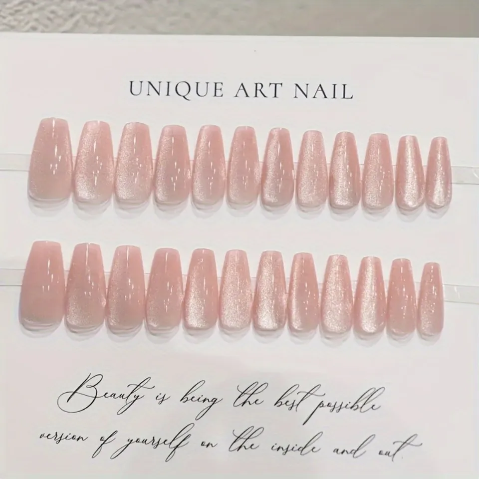 24 piezas de uñas postizas brillantes con efecto ojo de gato rosa glitter, forma de ballet larga, degradado brillante, con lima de uñas y pegamento de gel, reutilizables 3