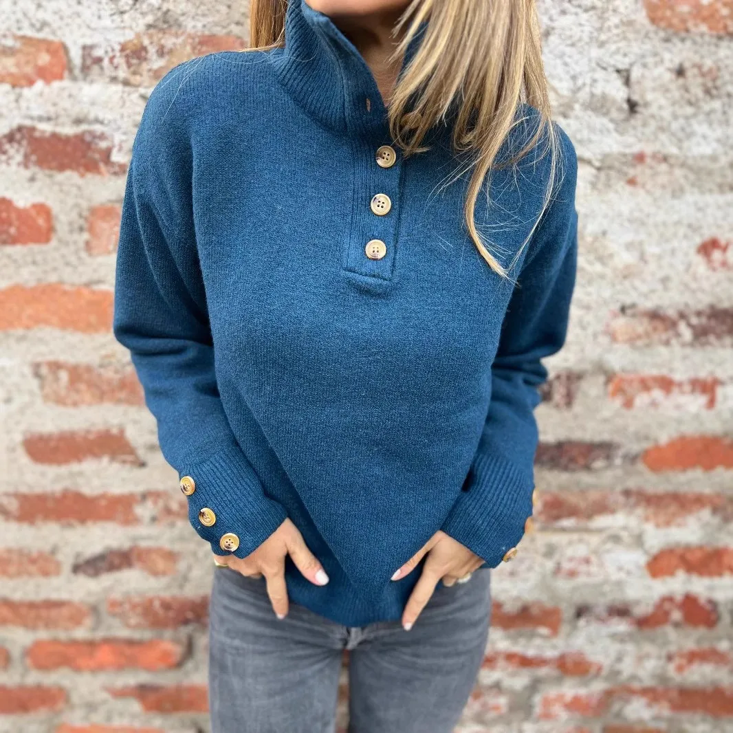 

Women's Sweater Cotton Stand Collar Blue Knitwear Loose Fit Long Sleeve Gray Pullover Drop Shoulder Black Knitted Sweater