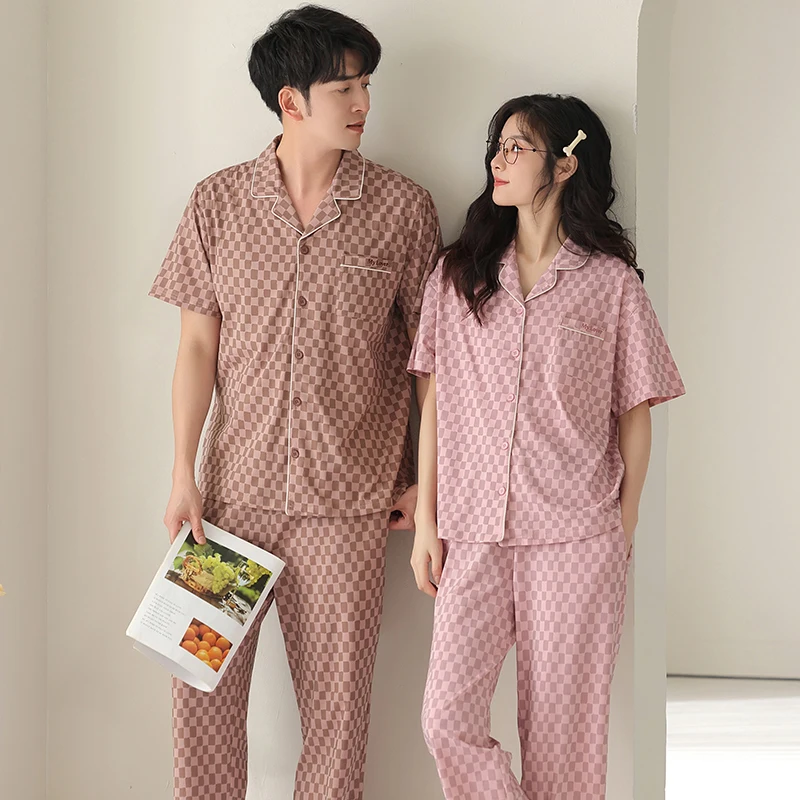 

High Quality Couple Pajamas Set M-3XL Soft Sleepwear for Young Lovers Pyjamas 100% Cotton Turn-down Collar Pijama