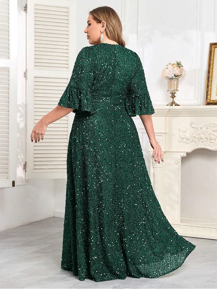 Plus Size V Neck Short Sleeve Floor-length Kind Sequin Evening Dress 4XL 5XL BigSize Wedding Banquet Floor-length Prom Gowm