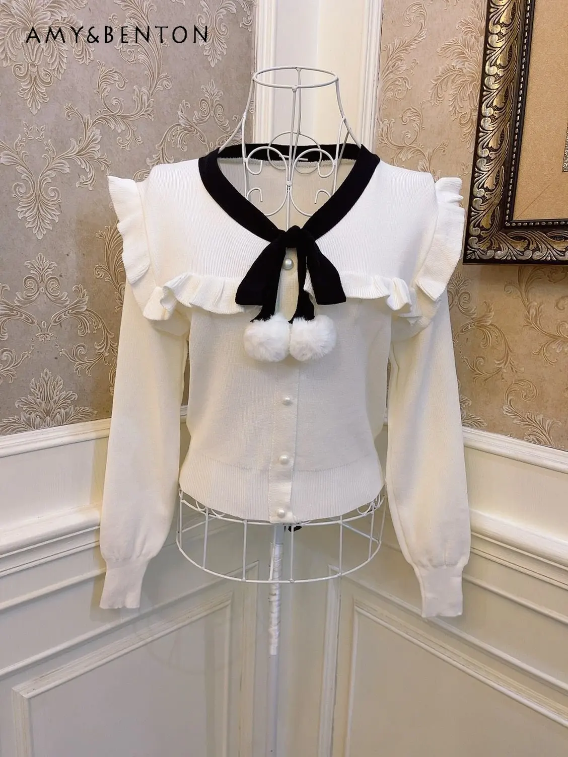 

Весенне-осенний свитер, топ, милый кардиган принцессы для девочек, топ с бантом, кружевной утягивающий вязаный кардиган для женщин