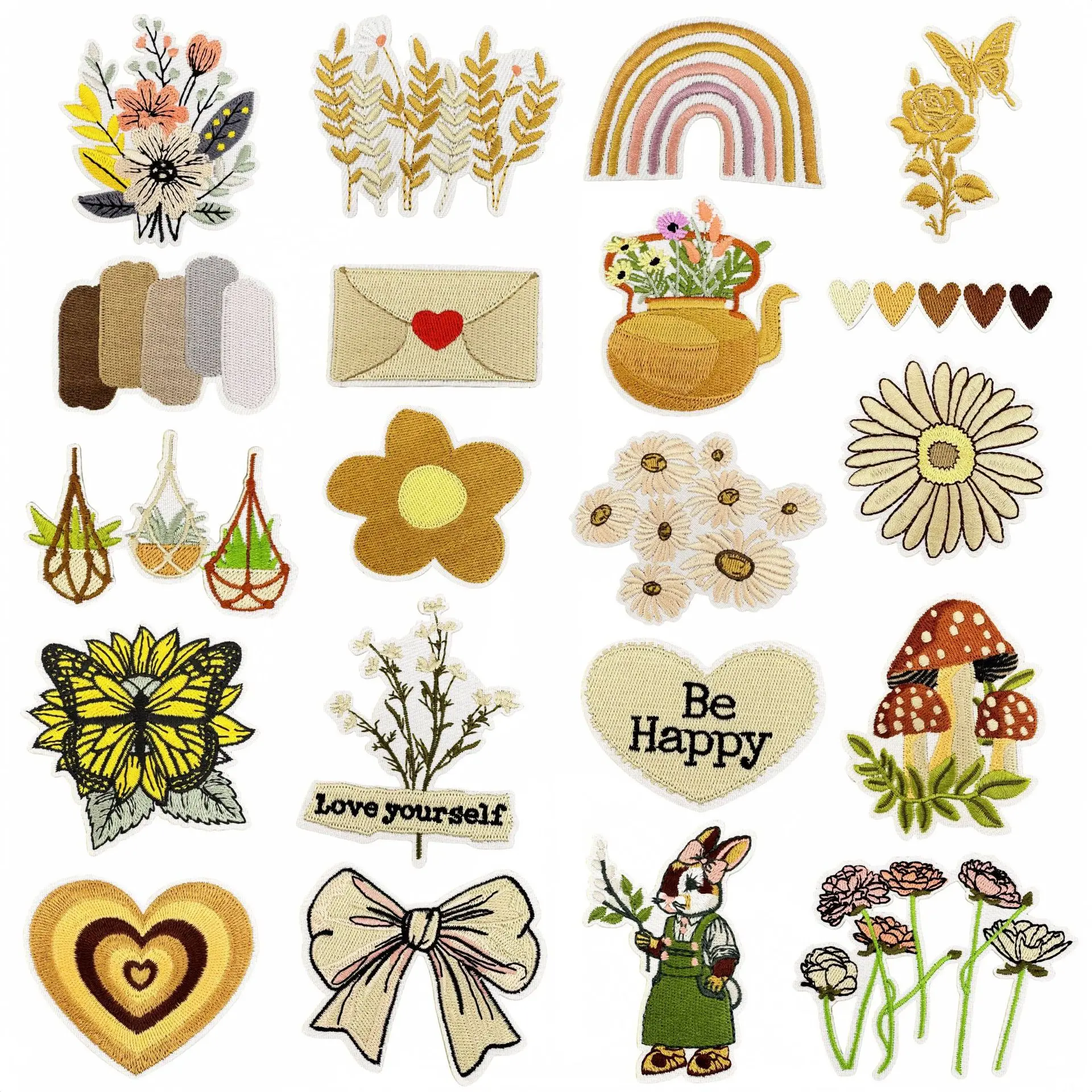 Estilo boêmio cor clara bordado ferro em remendos para roupas flores buquê apliques carta de amor emblema decoração têxtil para casa