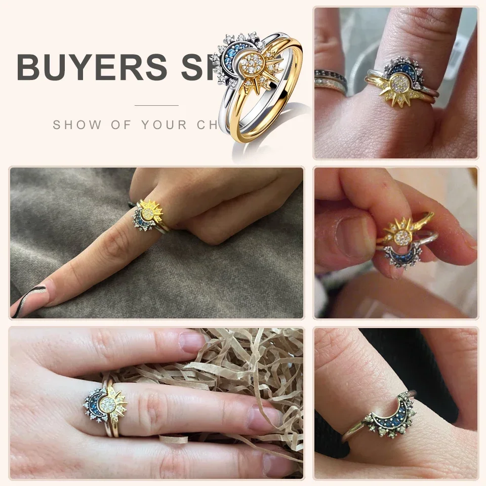 Sterling Zilveren Ring Set Gloden Hemelse Zon Blauwe Maan Ringen Sprankelend Voor Vrouwen Klassieke Verlovingsfeest Bruiloft Sieraden