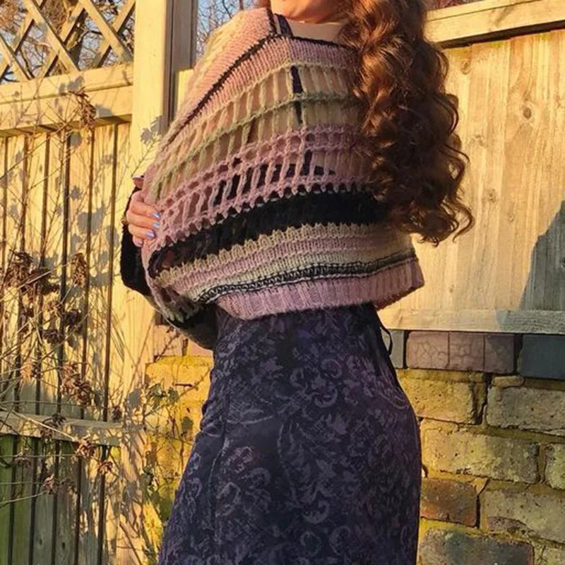 Y2k Striped Knit Sweater  Hollow Out Crochet Top Women Casual Pullover Beach Smock Streetwear 2023 Autumn Winter Female Clothing