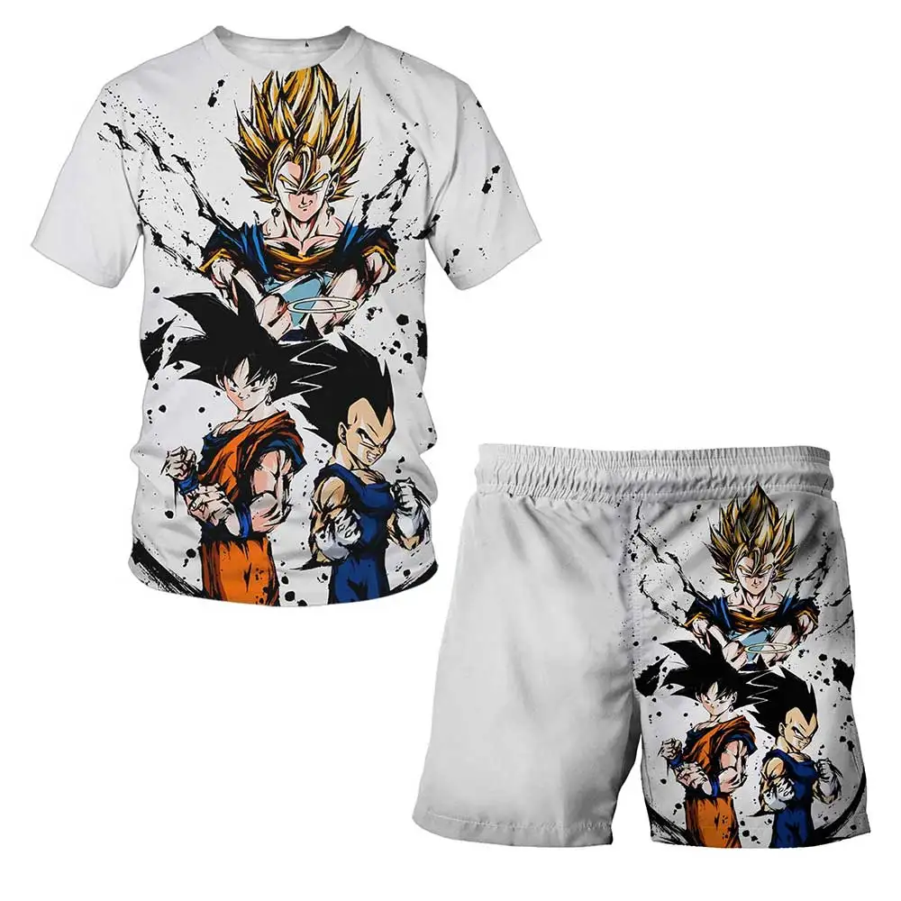 Camiseta de dibujos animados japoneses de Dragon Ball Z para niños, conjunto de dos piezas, camiseta y pantalones cortos de playa para verano