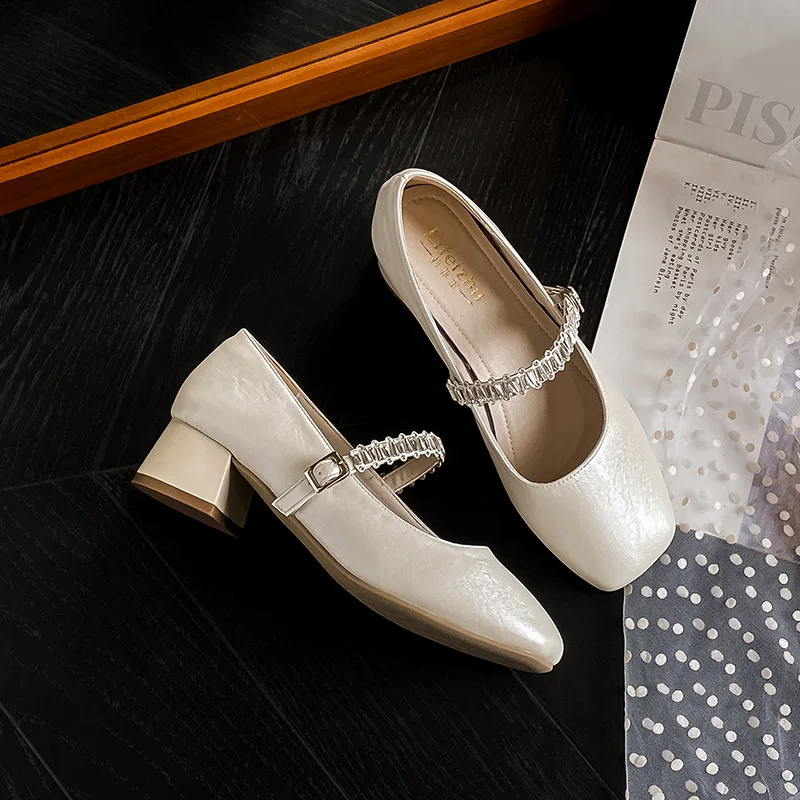 

Plus Size 35-43 Women's Designer Mary Jane Shoes Wedding Pumps Silver Flowers Square Toe Mid Heel Lori Girls Slip on Dress Shoes