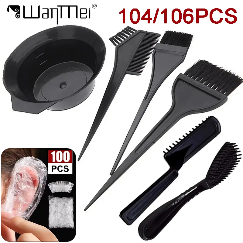 104/106pcs Professional Hair Dyeing Kit Hair Color Comb Mixing Bowl Disposable Ear Covers Cap Set Hair Coloring Bleaching Tools