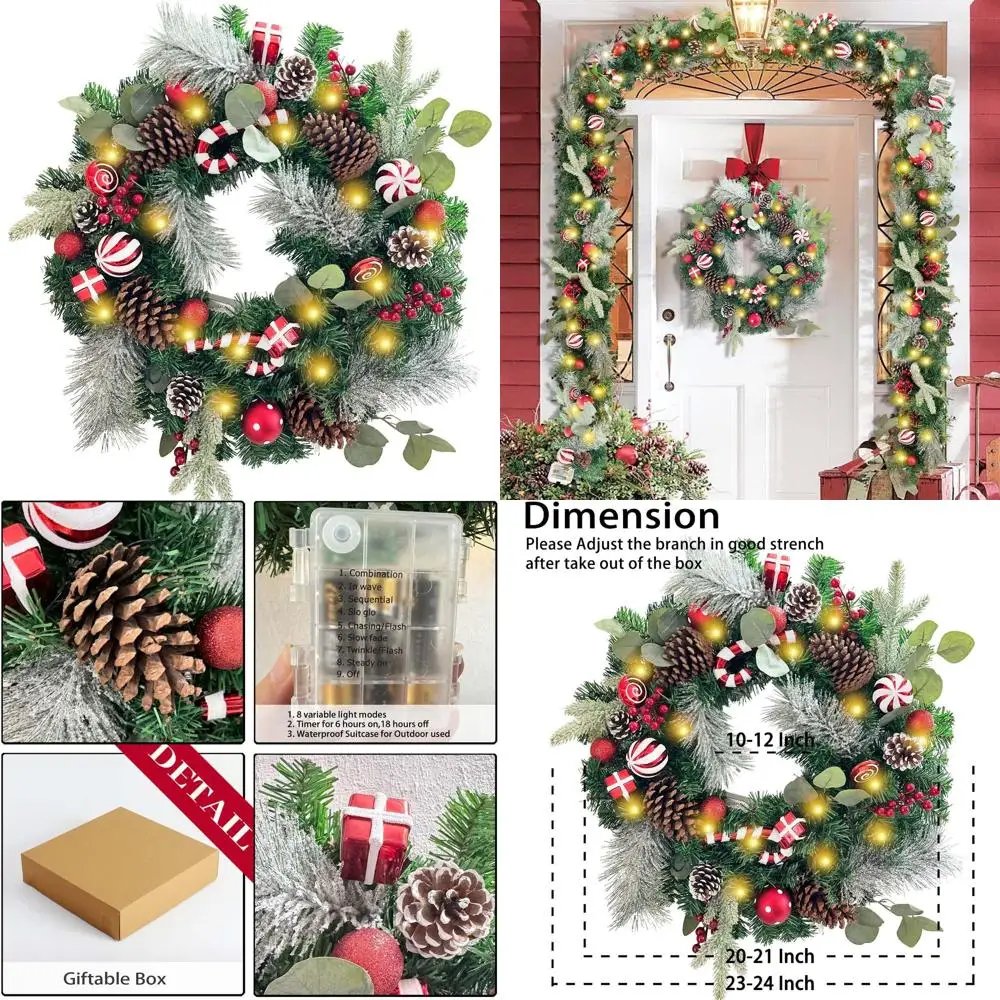 

Battery-Powered 24 Red & White Christmas Wreath with LED Lights, Ornaments & Candy Canes for Front Door