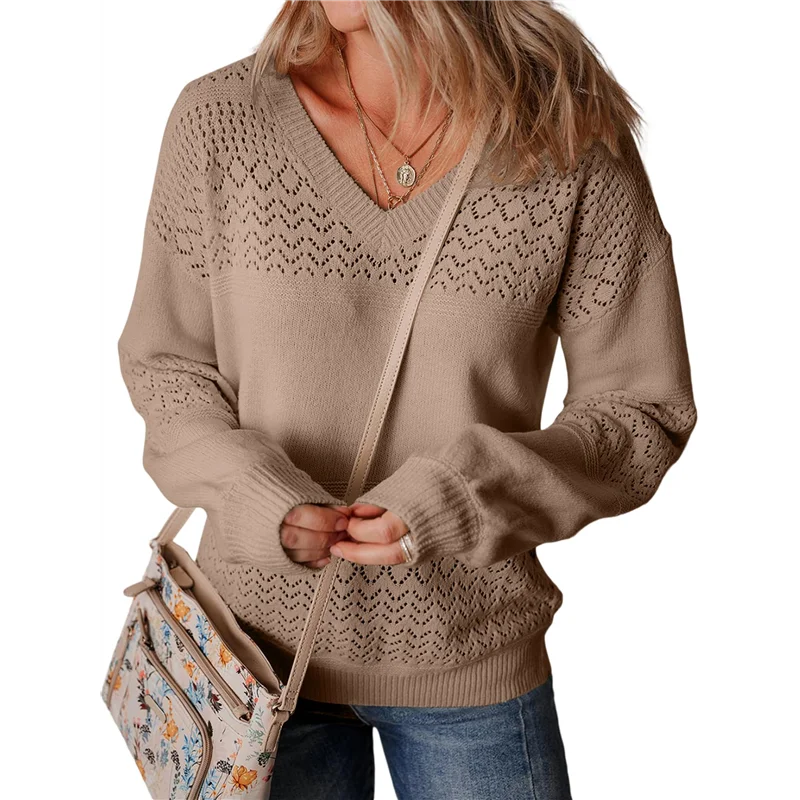 

Women Knit Sweaters Fall V Neck Long Sleeve Pullover Casual Loose Sweater Coffee XXL