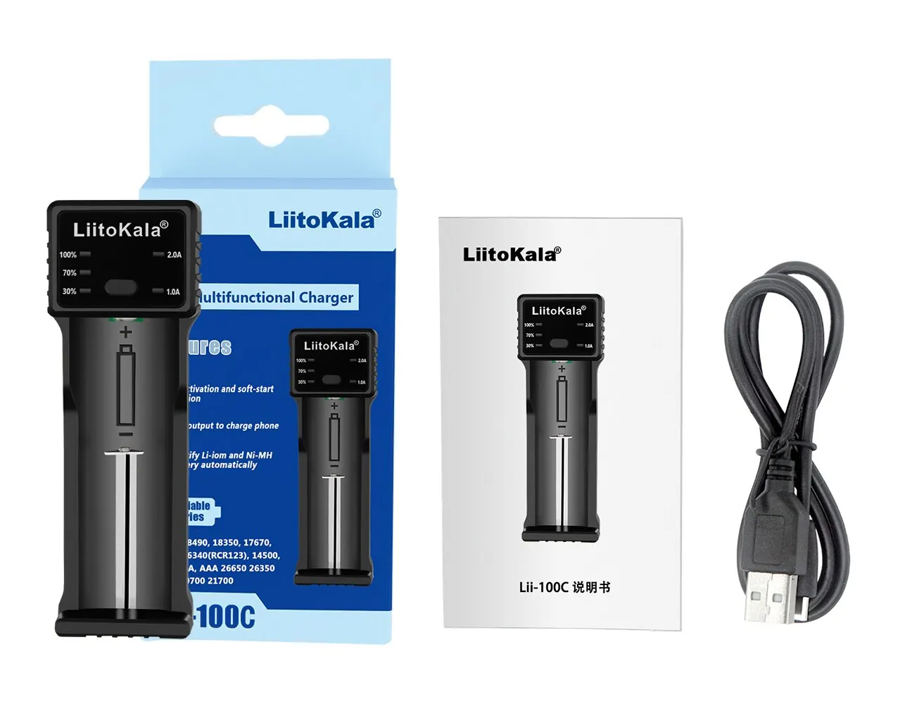 LiitoKala Lii-100C 21700 Battery Charger For 18650 18350 26650 16340 RCR123 14500 3.7V 1.2V Ni-MH Ni-Cd 2A USB Smart Charger