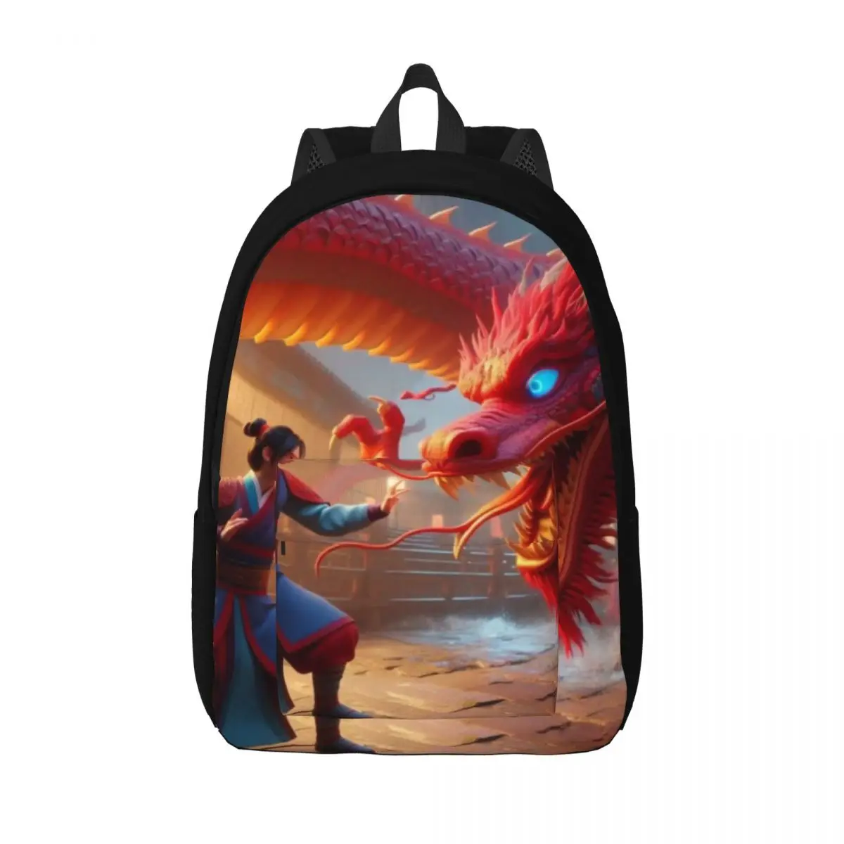 Custom Mulan FifhtingWith A Huge Red  ChineseDragon Canvas Backpacks Women Men Basic Bookbag for School College Bags