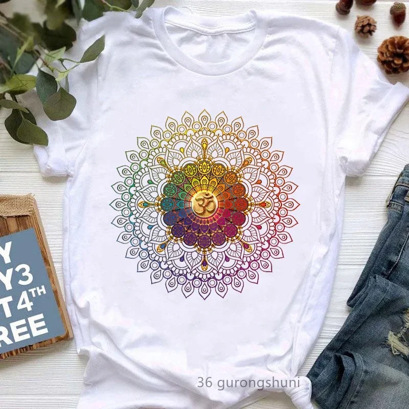 Rainbow Hippie Yoga Meditation Print Tshirt Women Clothes 2024 Funny Cool T Shirt Femme Buddha Chakra T-Shirt Female Streetwear