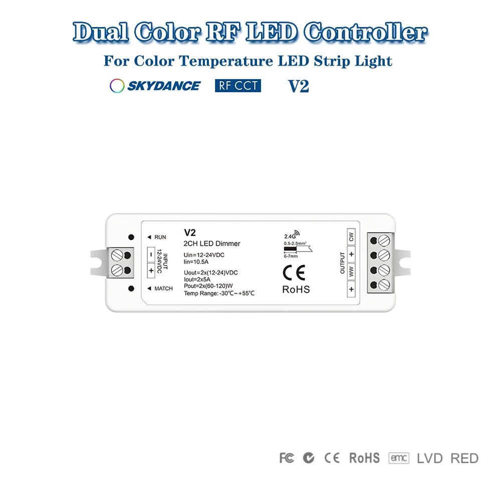 

Skydance V2 DC12-24V 2,4GHzRF 2CH 5A/CH PWM 0-100% CCT двухцветный светодиодный контроллер затемнения для цветовой температуры светодиодные ленты