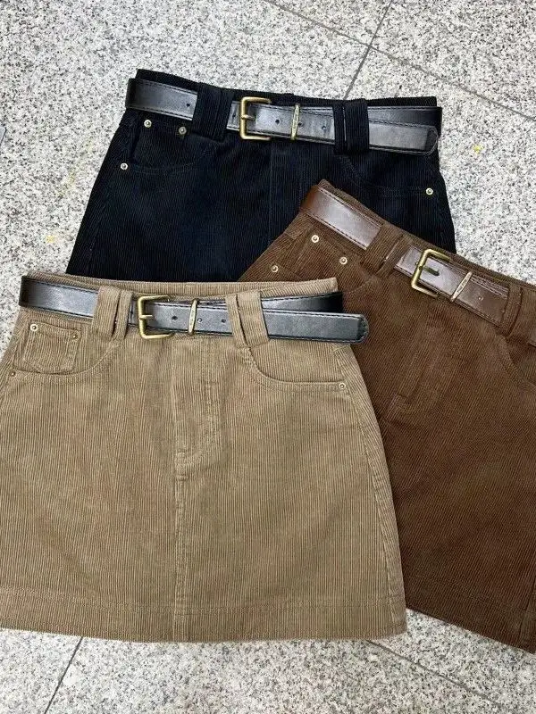Khaki Corduroy High Waist Women's  Skirt Anti-Light Sexy Versatile Short Skirt for Autumn Winter Commute Casual Wear