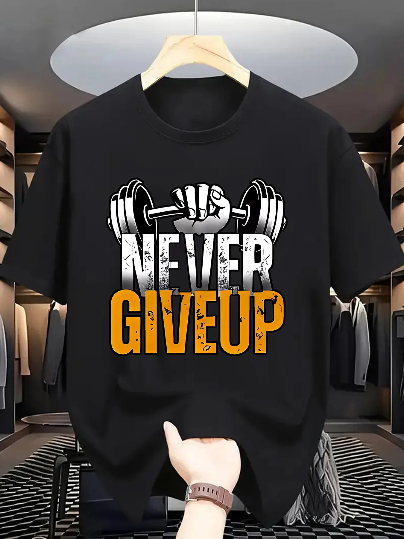 T-Shirt graphique d'haltérophilie pour hommes, motivation jamais abandonner, coupe décontractée, T-Shirt de gymnastique avec conception d'haltères, vêtements confortables pour hommes