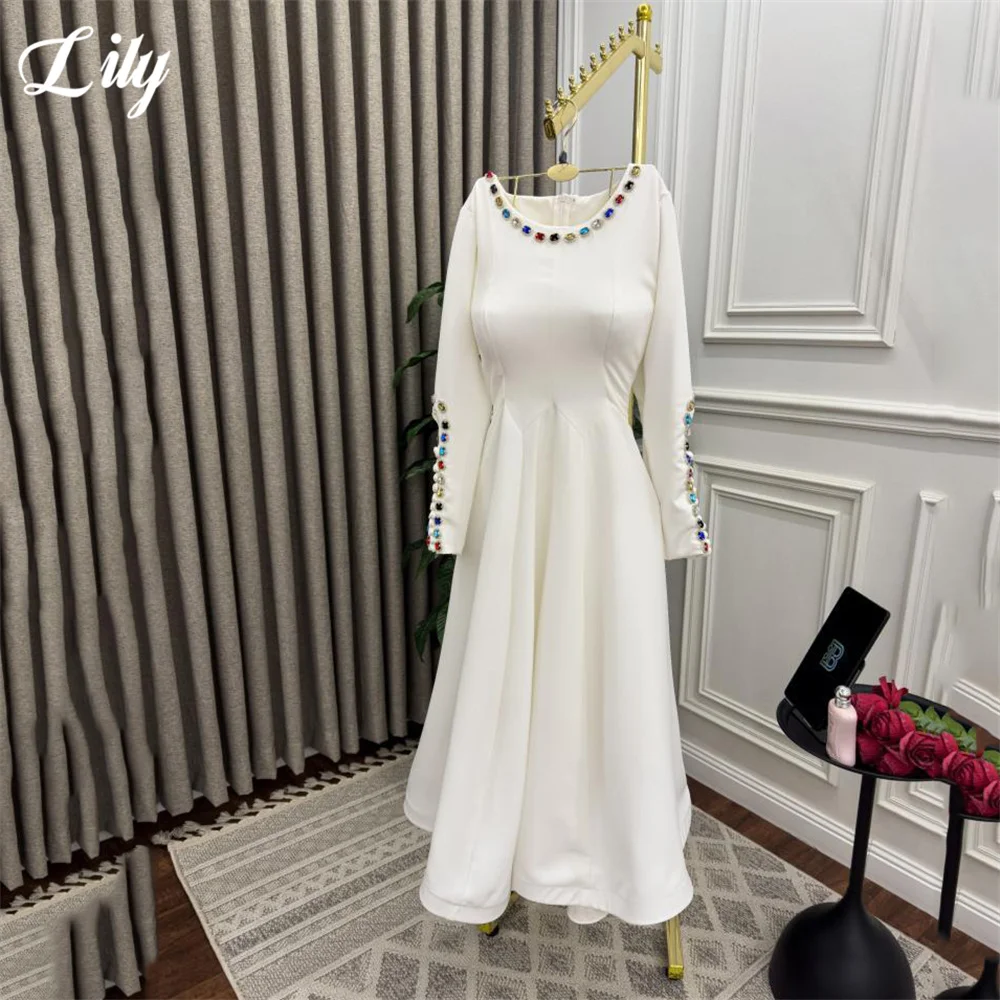 

Lily White Evening Dress O Neck Formal Gown Colorful Crystal Embellishments Night Dresses with Button robe de bal Customized