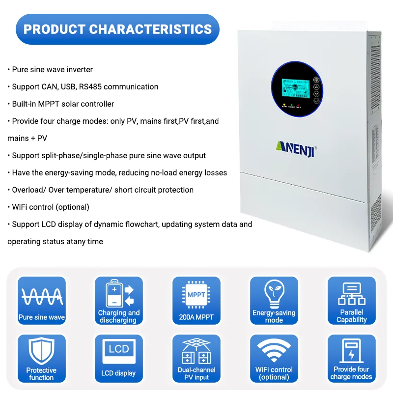 ANENJI Split Phase 12KW 48V Hybrid Solar Inverter Parallel Inverter Pure Sine 120V 220V On Grid MPPT 200A Solar Charger PV 500V image 5