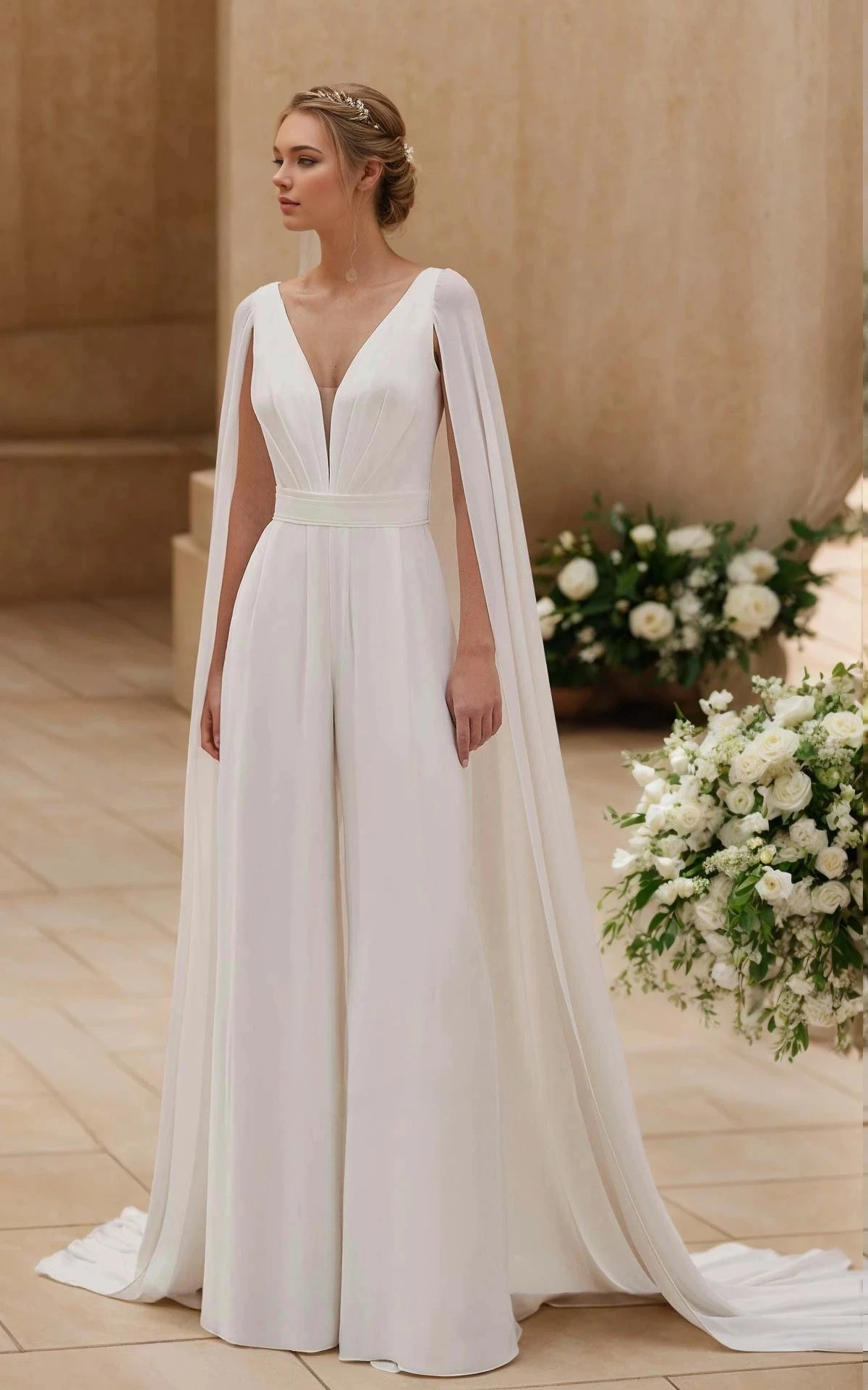 

Wedding Pants Dresses with Capes Chiffon Bride Gowns Sleeveless Bridal Gowns Women Custom Made