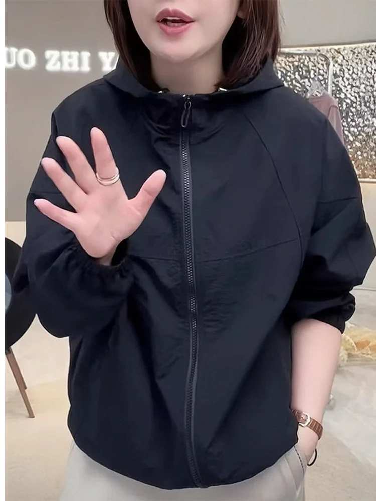 Jaqueta Casual de Aodão com Capuz para Mulheres, Gola Alta, Primavera e Outono, Ajuste Solto Premium, Estilo Coreano, Versá...