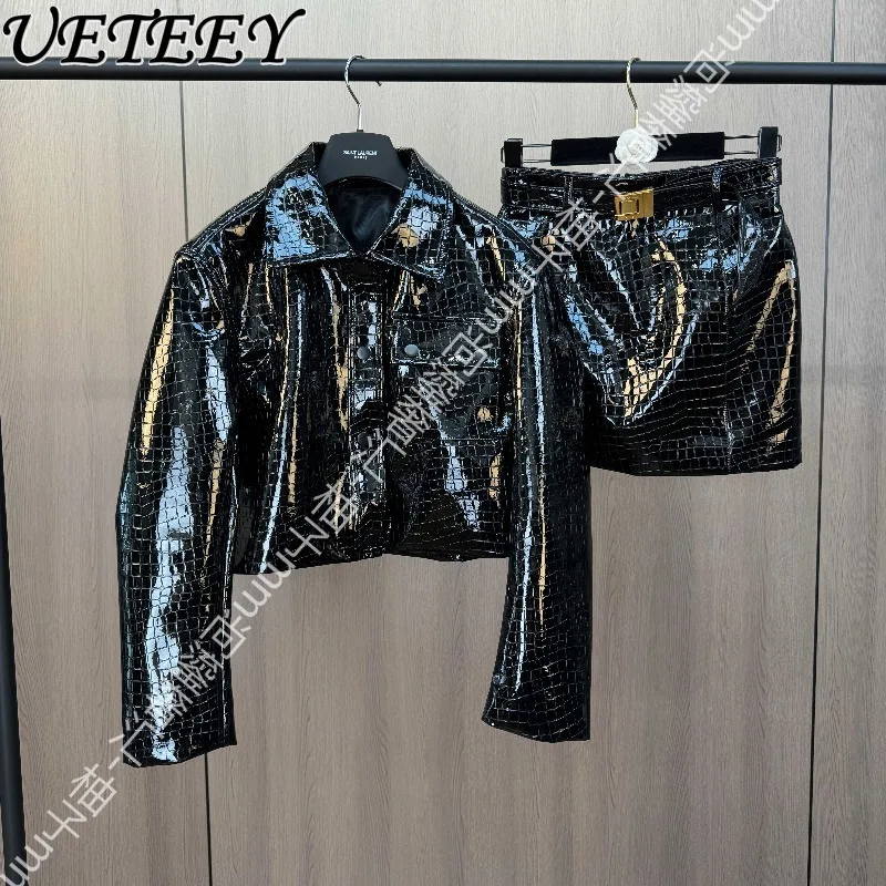 

Autumn New Black Turn-down Collar Long Sleeve Single-breasted PU Leather Jacket and Belt Short Skirt Minimalist Style Set