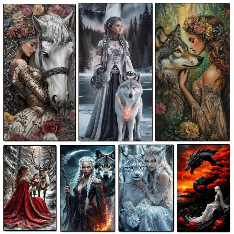 

DIY Diamond Painting Art Woman And Elk Wolf Horse Dargon 5D Full Diamond Embroidery Cross Stitch Kits Elf Mosaic Home Decor