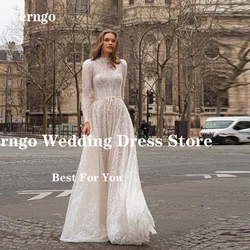 Verngo Sparkly Glitter A Line Long Sleeves Wedding Dresses High Neck Corset Floor Length Bridal Gowns Modern Vestido de noiva