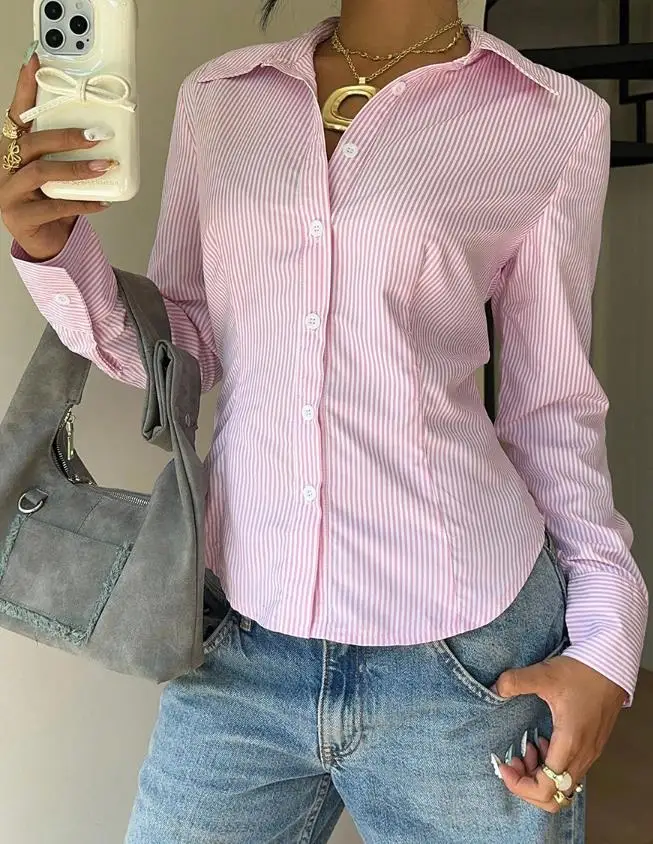 

Autumn Temperament Striped Printed Lace Up Waistband Long Sleeved Shirt for Women, Elegant Slim Fit and Simple Commuting Shirt