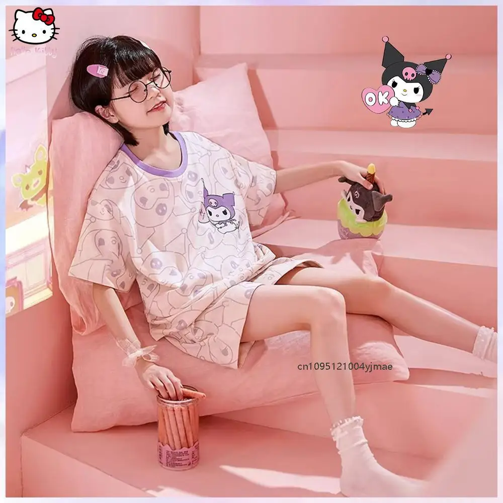 

2Pcs Kawaii Kuromi Hello Kitty Children Pajamas Anime Sanrios Summer Round Neck Short Sleeve Shorts Cartoon Homewear Sleepwear