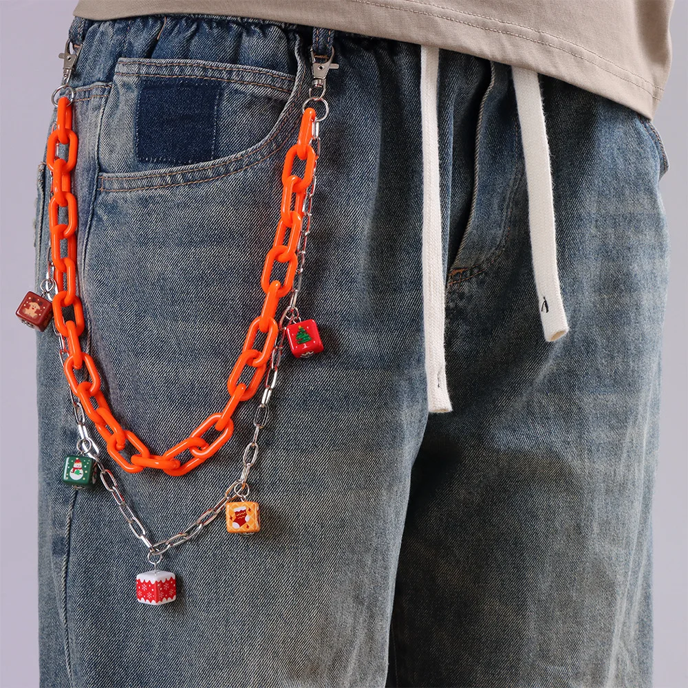 Orange Acrylic Chain Christmas Element Pendant Double-Layer Pants Chain Accessory Unique Versatile Fashion Item