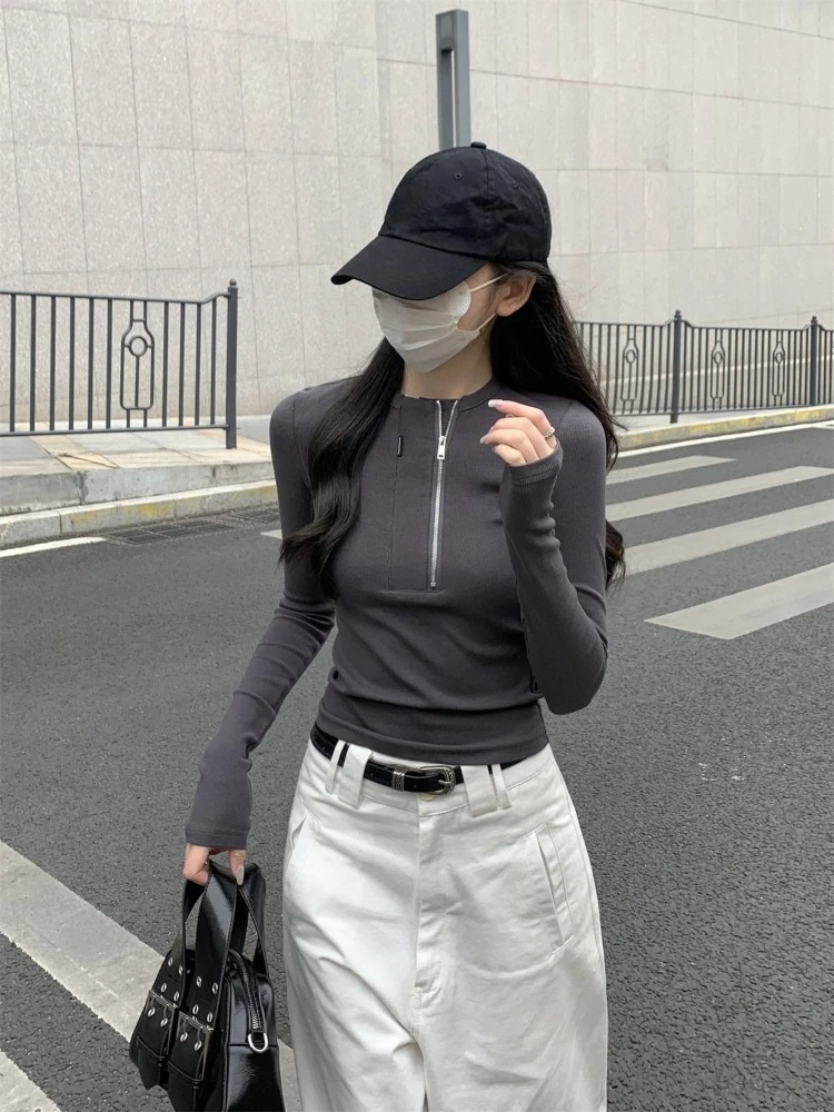 Women Half Zip Long Sleeve T-Shirt Fall 2026 Slim Fit Athletic Pullover Korean Style Casual Sporty Fashion Top