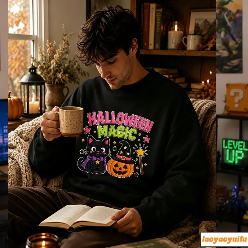 Halloween Magic Cute Black Cat Witch Hat Pumpkin Magic Wand Star Print Pullover Casual Loose Streetwear Holiday Sweatshirts Tops