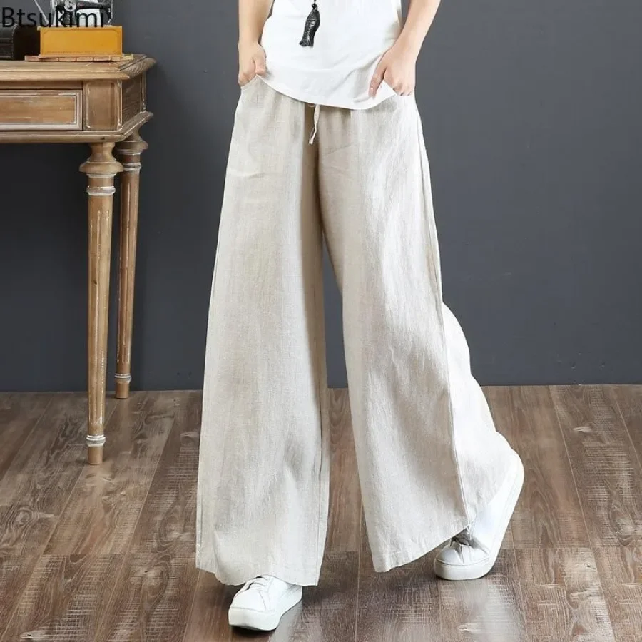 

2024 New Solid Color Cotton Linen Pants for Women Loose Casual Wide Leg Pants Comfort Simple All Match Trousers Women Streetwear