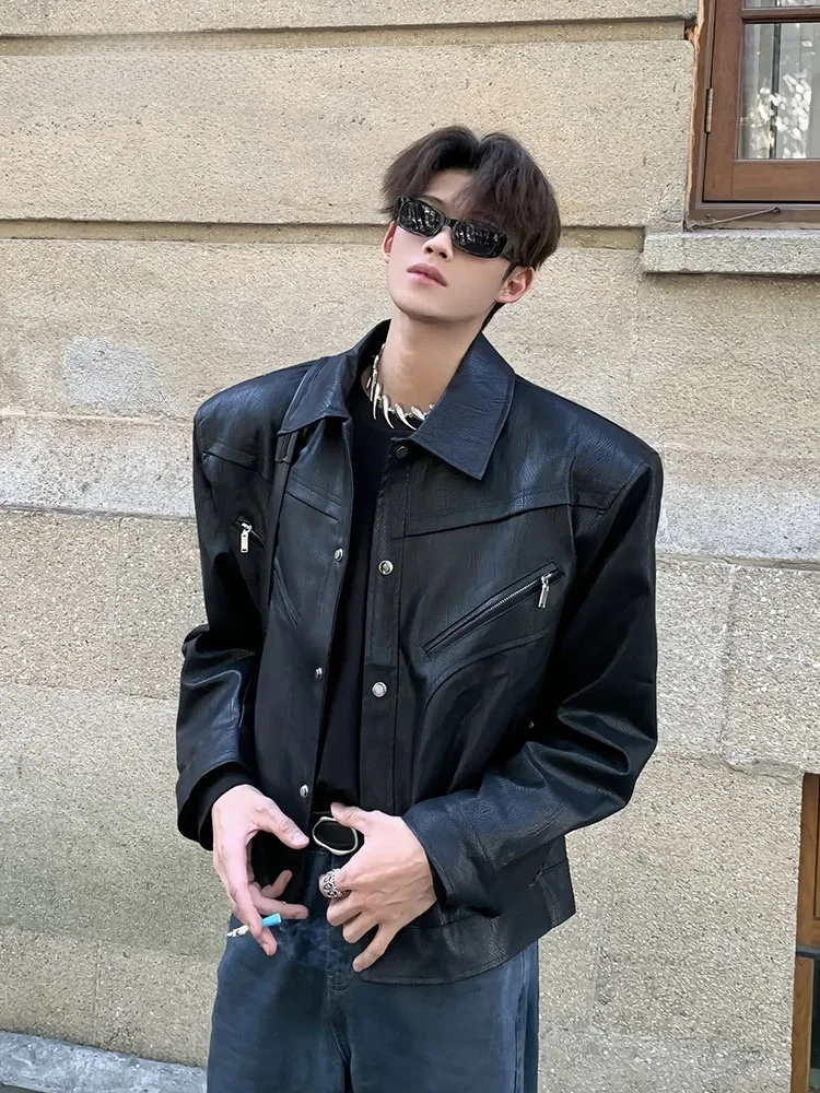 

Мужская кожаная куртка-косуха в американском стиле, весна-осень-зима, с отложным воротником, укороченная, до плеч