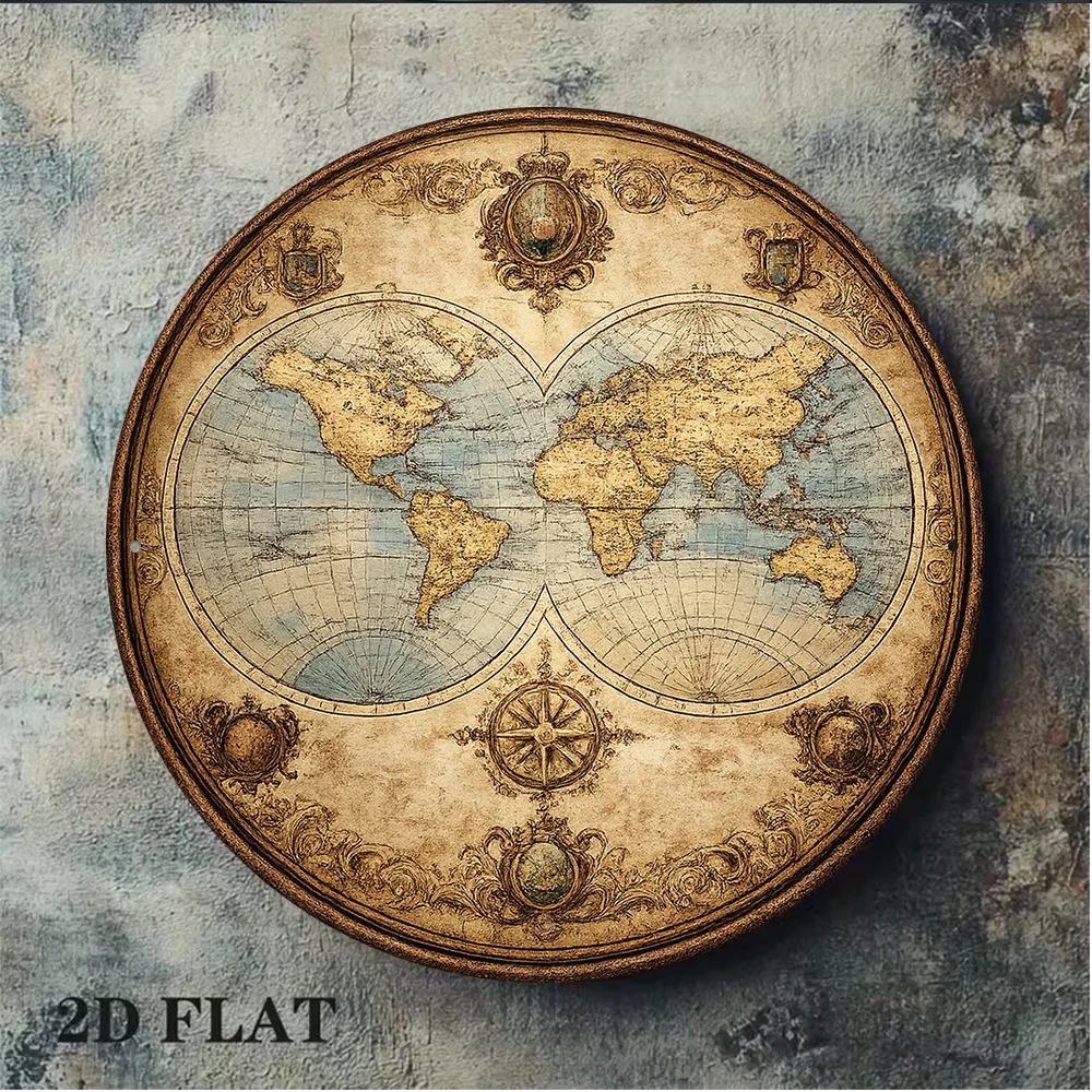 2D Flat Round Sign, Vintage World Map Plaque, Globe Decorative Sign, Suitable for Living Room, Study, Office Decor