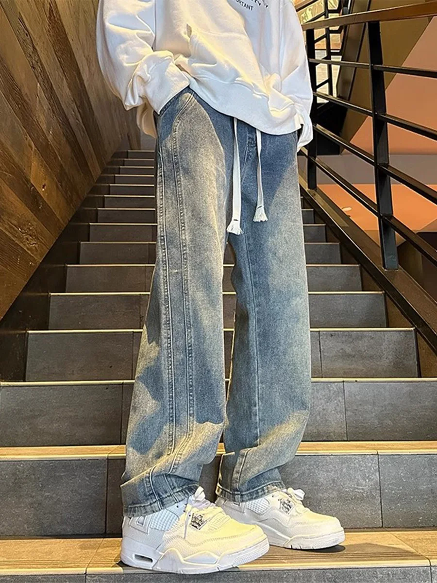 

Джинсы с прямыми штанинами High Street, мужские весенне-осенние повседневные винтажные свободные длинные брюки в американском стиле, повседневные брюки для мальчиков