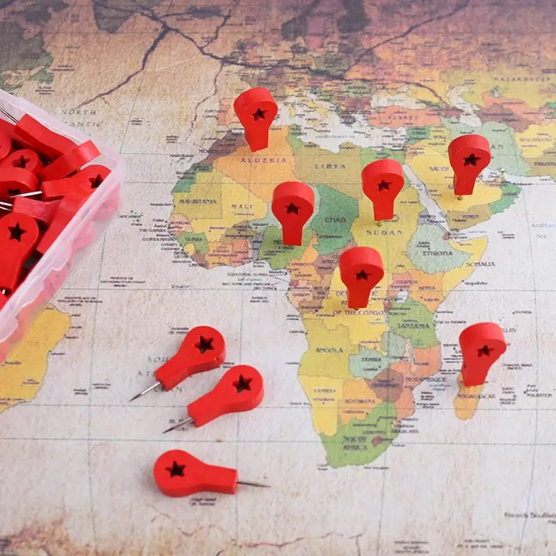 80 ชิ้นเครื่องหมายแผนที่ไม้วาดภาพผนังกระดุมกระดานไม้ก๊อกกดหมุดเป๊ก